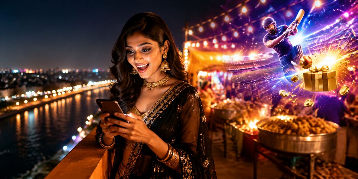 Ahmedabad riverfront with cricket betting scene at night market