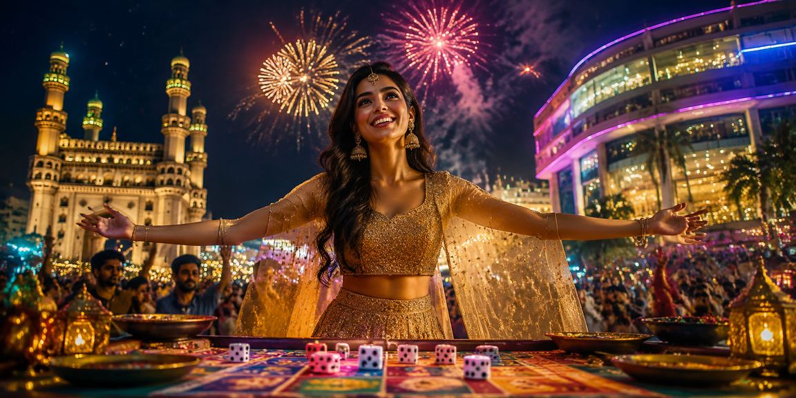Registration scene showing Hyderabad Charminar with festive dice game
